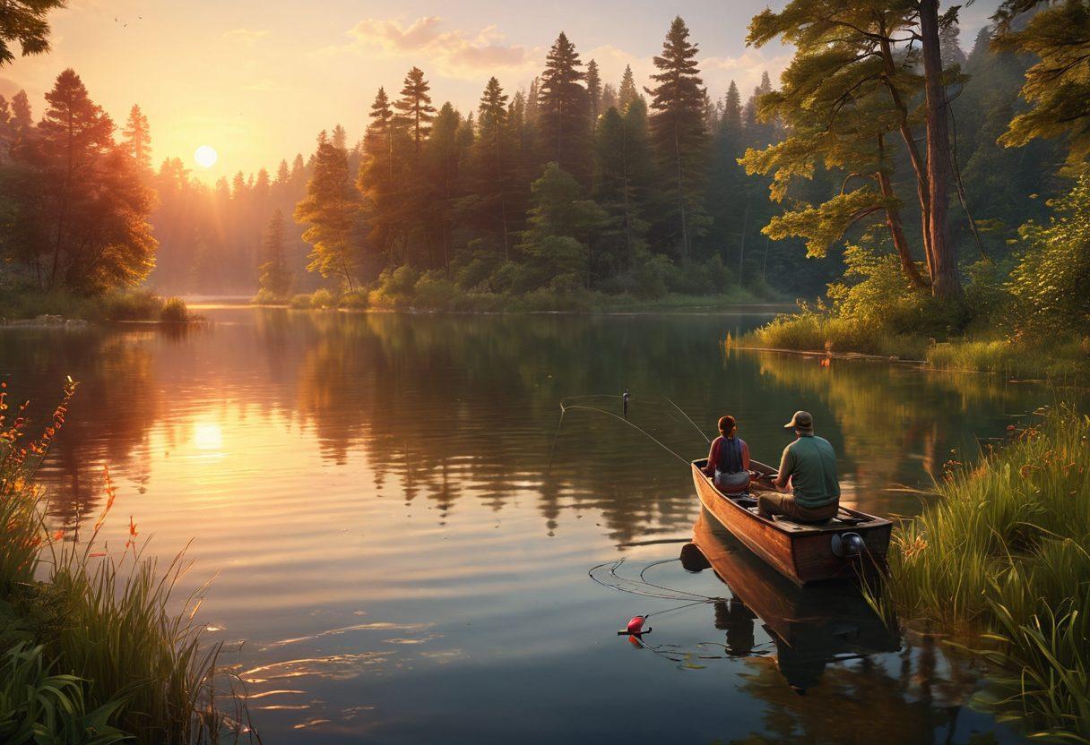 A serene lakeside scene at sunset showcasing a couple happily fishing together, surrounded by lush greenery and gentle ripples on the water. Include a colorful fishing lure floating on the surface and a glowing campfire nearby with their fishing gear. The atmosphere should evoke a sense of warmth, connection, and adventure. super-realistic. vibrant colors. peaceful ambiance.