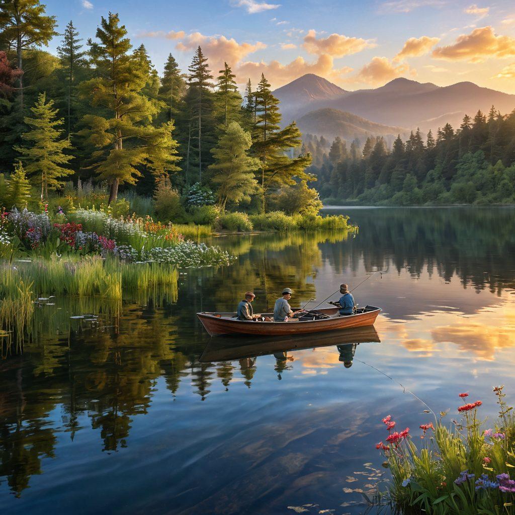 A serene lakeside scene at sunrise, featuring a person casting their fishing line into calm waters, surrounded by lush greenery and gentle ripples. A small wooden boat floats nearby with fishing gear and a dog joyfully splashing in the water. In the background, distant hills and colorful wildflowers enhance the tranquil atmosphere. super-realistic. vibrant colors. 3D.