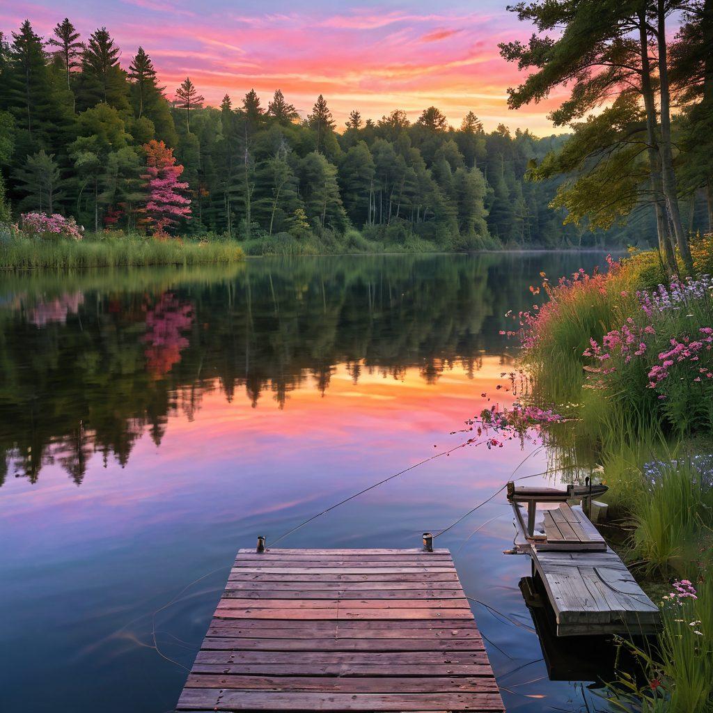 A serene lakeside scene at sunset, depicting an enthusiastic angler casting a fishing line into calm waters, with gentle ripples reflecting the vibrant orange and pink hues of the sky. Include a cozy wooden dock in the foreground, surrounded by lush green trees and soft, wildflowers. Capture the tranquility and joy of fishing. super-realistic. vibrant colors. 3D.